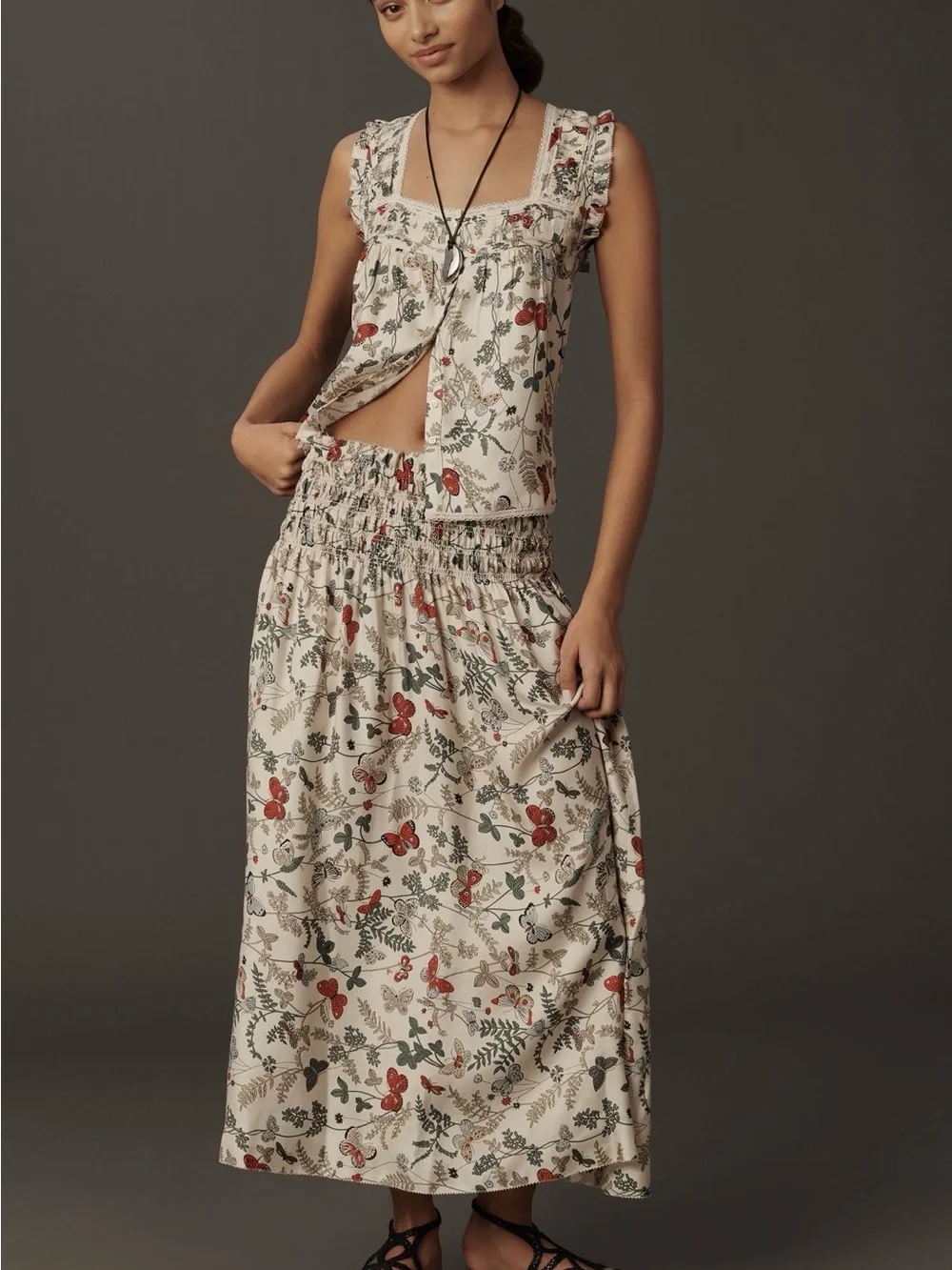 THE GREAT. Canary silk Maxi Skirt with Red & Green Botanical Print - Picture 3 of 3